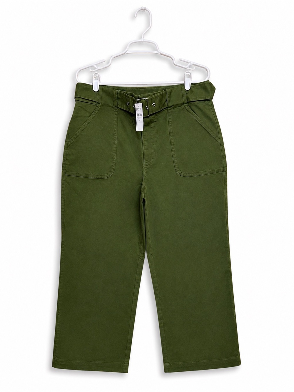 🌿 LOFT NWT Olive Green Belted Crop Pants Size 12 Boho Utility Chic - Picture 2 of 5